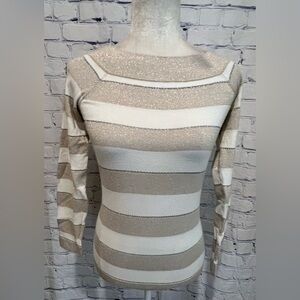 White House Black Market Gold Silver White Sparkly Striped Sweater Keyhole XS